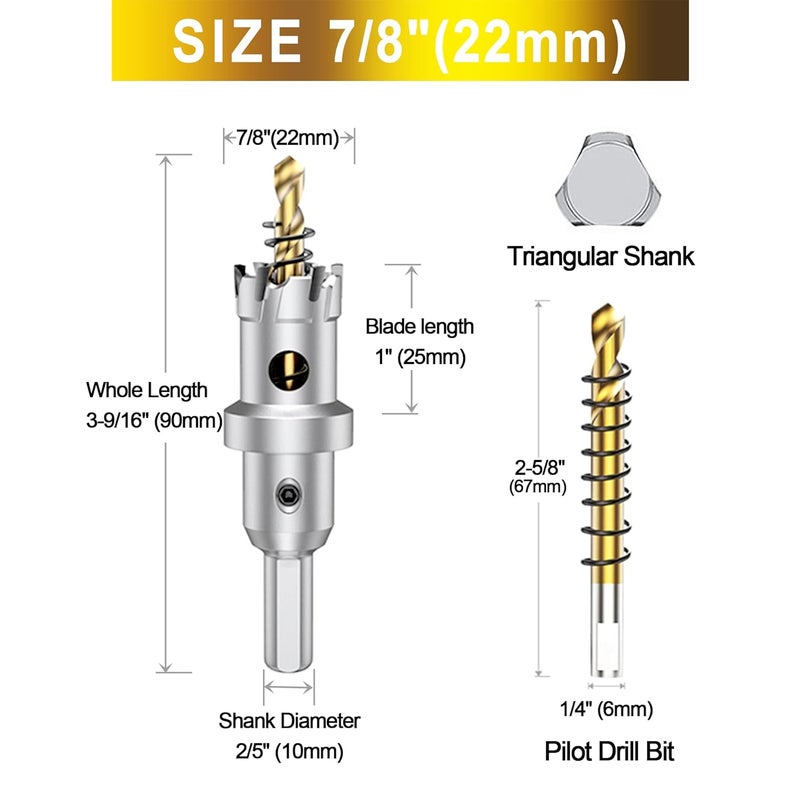 ASNOMY 2Pcs TCT Hole Saw Set for Hard Metal, 7/8 Inch Tungsten Carbide Tipped Hole Saw Cutter with Titanium-Plated Pilot Drill bit for Metal, Stainless Steel, Iron, Wood, Plastic - Image 2